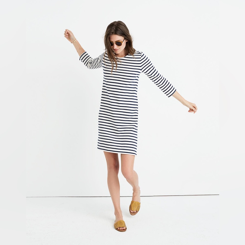 Madewell Striped Knit Dress 3/4 Sleeve Navy Blue White
